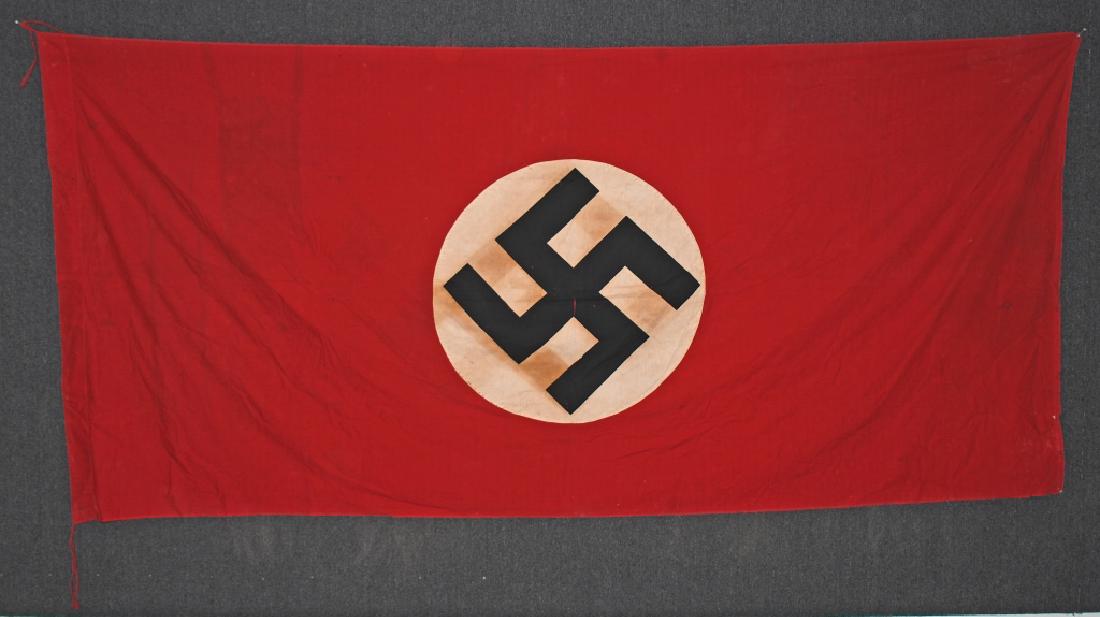 WWII NAZI GERMAN NSDAP BANNER - FLAG TOWN MARKED: Two piece, double sided NSDAP banner - flag for the city administration building of Ludwshafen. The white disk with printed swastika is machine stitched to the red field. Attachment strings are presen