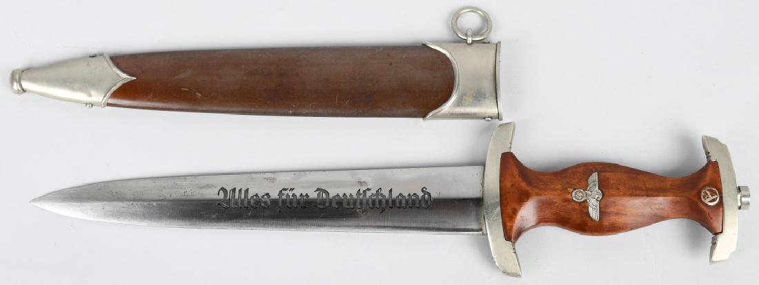WWII NAZI GERMAN EARLY SA DAGGER: Early SA dagger. The makers mark is GEBRUDER HELLER. It has a nice early anodized scabbard with early nickel fitting. The bottom fitting is GAU marked FR. The blade overall is beautiful. Excellent