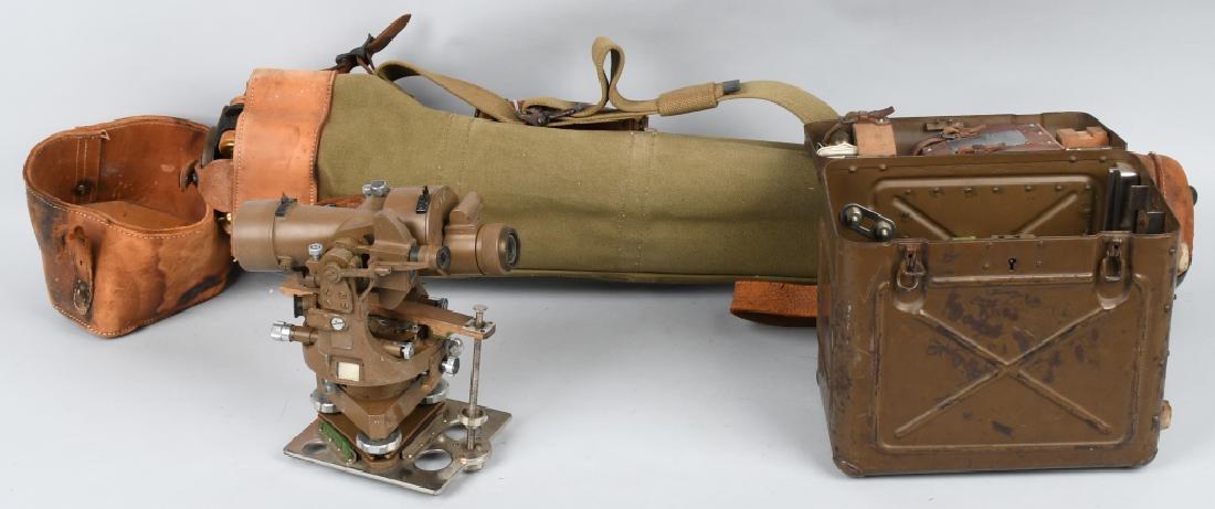 WWII JAPANESE ARMY SURVEY TRANSIT AND TRIPOD: World War II Japanese Army theodolite / transit with original tripod. Serial number 698, comes with original carrying case with kanji markings on the lid and stamped on the property tag. Leather strap