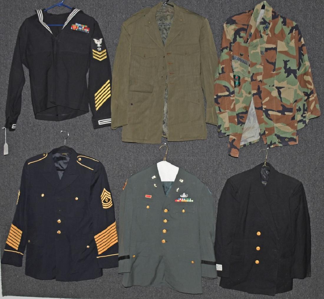 WWII US LOT OF 10 UNIFORMS, ARMY, NAVY: Lot includes 10 Uniforms, WWII through Modern; Vietnam era Ordnance Captain's Class "A" with cut-edge MAC-V Combat Patch, Explosive Ordnance Disposal (EOD) Badge, and ribbons denoting Vietnam service