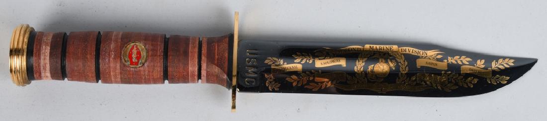 WWII USMC COMMEMORATIVE 2ND DIVISION KA-BAR KNIFE: Commemorative United States Marine Corps 2nd Division Ka-bar knife. The blued blade has gold etching that includes The Marine Corps EGA, "Second Marine Division Second To None" motto and the 2nd Divis