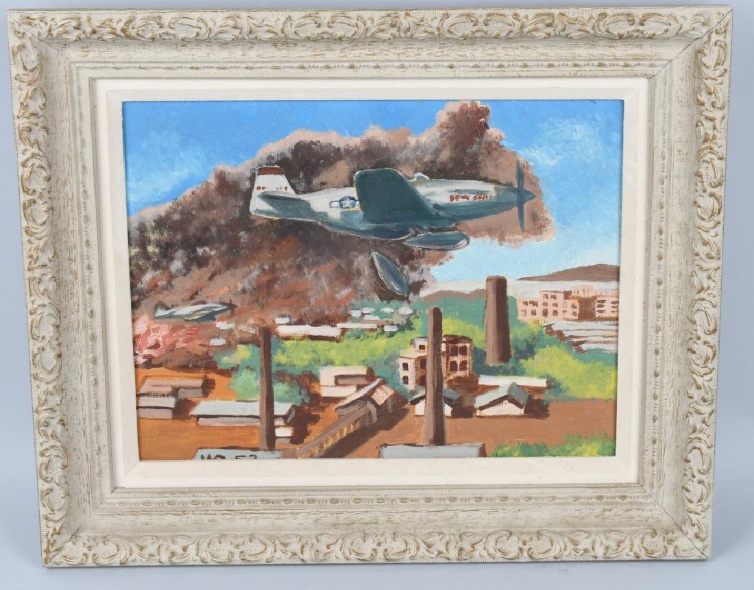 KOREAN WAR US AIRFORCE PAINTING BY U.S OFFICER 52: Original 1952 painting of United States Air Force bombers dropping bombs on buildings. Written on the back of the canvas is "Lt. Walter J. Biggs Jr. Hung Nam Korea 1952, 9.". The painting itself is 16