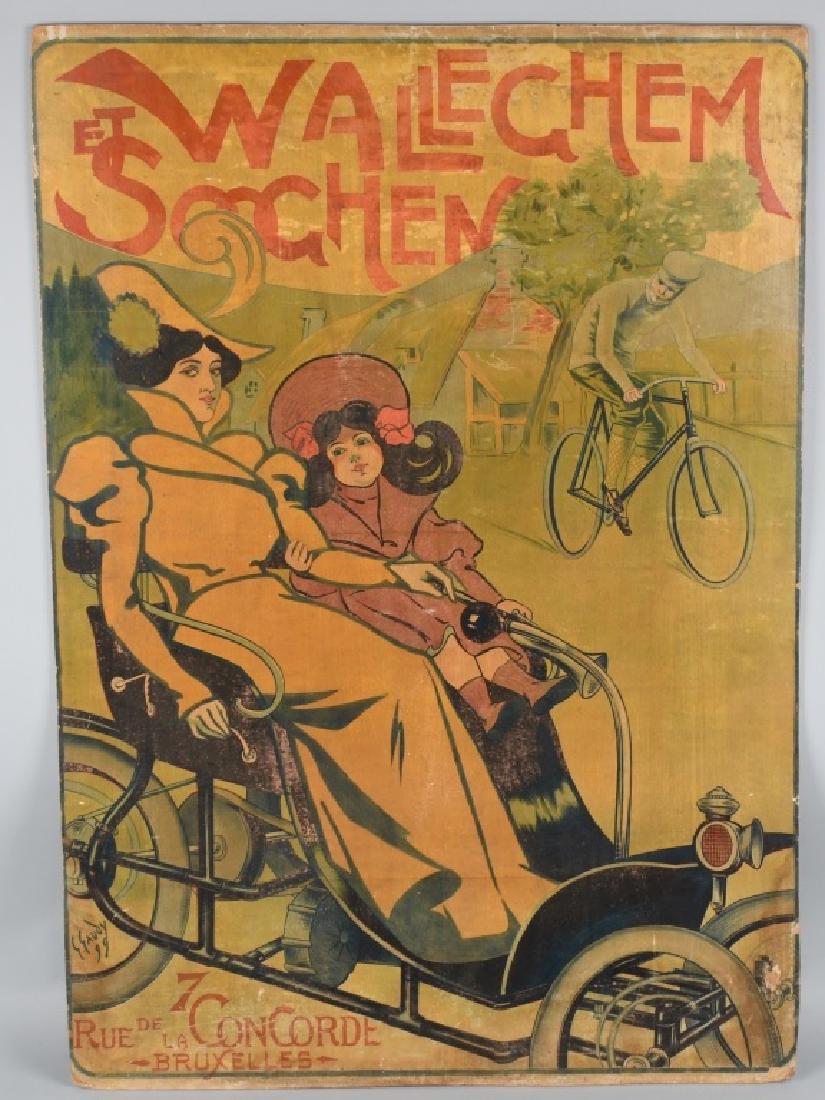 1899 WALLEGHEM SOOGHEN FRENCH ADVERTISING POSTER: Walleghem et Sooghen lithographic advertising poster for automobiles. French, c1899. Artwork Georges Gaudy (1872-1940). Depicting turn of the century scene of Lady and Child in early tiller drive auto