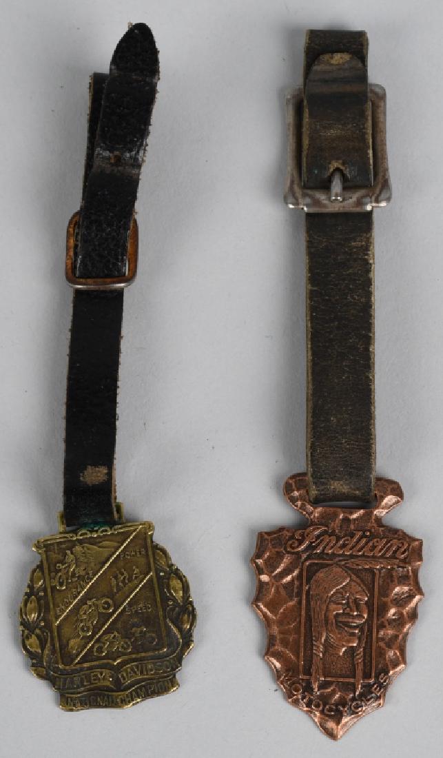 HARLEY DAVIDSON & INDIAN WATCH FOBS: Excellent pair Indian Motorcycles and Harley Davidson Watch Fobs. Both have original leather bands. Excellent