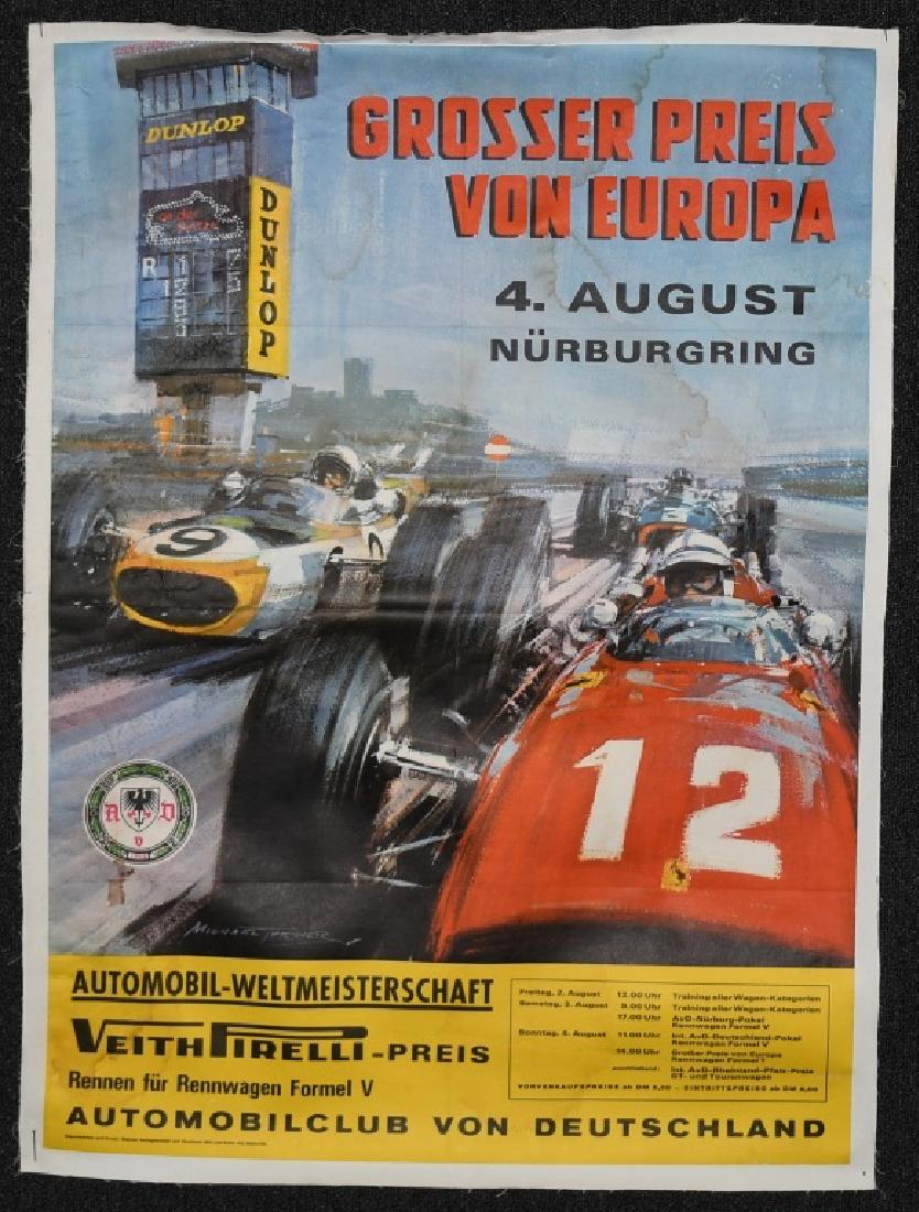 MICHAEL TURNER NURBURGRING GRAN PRIX RACE POSTER: Grosser Preis Von Europa Gran Prix Race Poster. Artist Michael Turner. Some creasing. Great image set on linen. 33"x24 1/2"