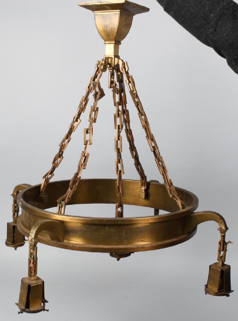 BRASS CHANDELIER w/ STEUBEN AURENE SHADES (1 of 9)