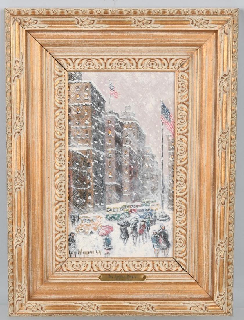 GUY CARLETON WIGGINS "5th Ave & 26th St" PAINTING: GUY CARLETON WIGGINS 1883-1962 AMERICAN. "5TH AVE & 26TH ST" NEW YORK WINTER SCENE OIL ON BOARD. SIGNED LOWER LEFT AND SIGNED WITH TITLE ON BACK. CLASSIC WIGGINS SCENE. BOARD 10"X6" FRAMED 16 1/2" X 1