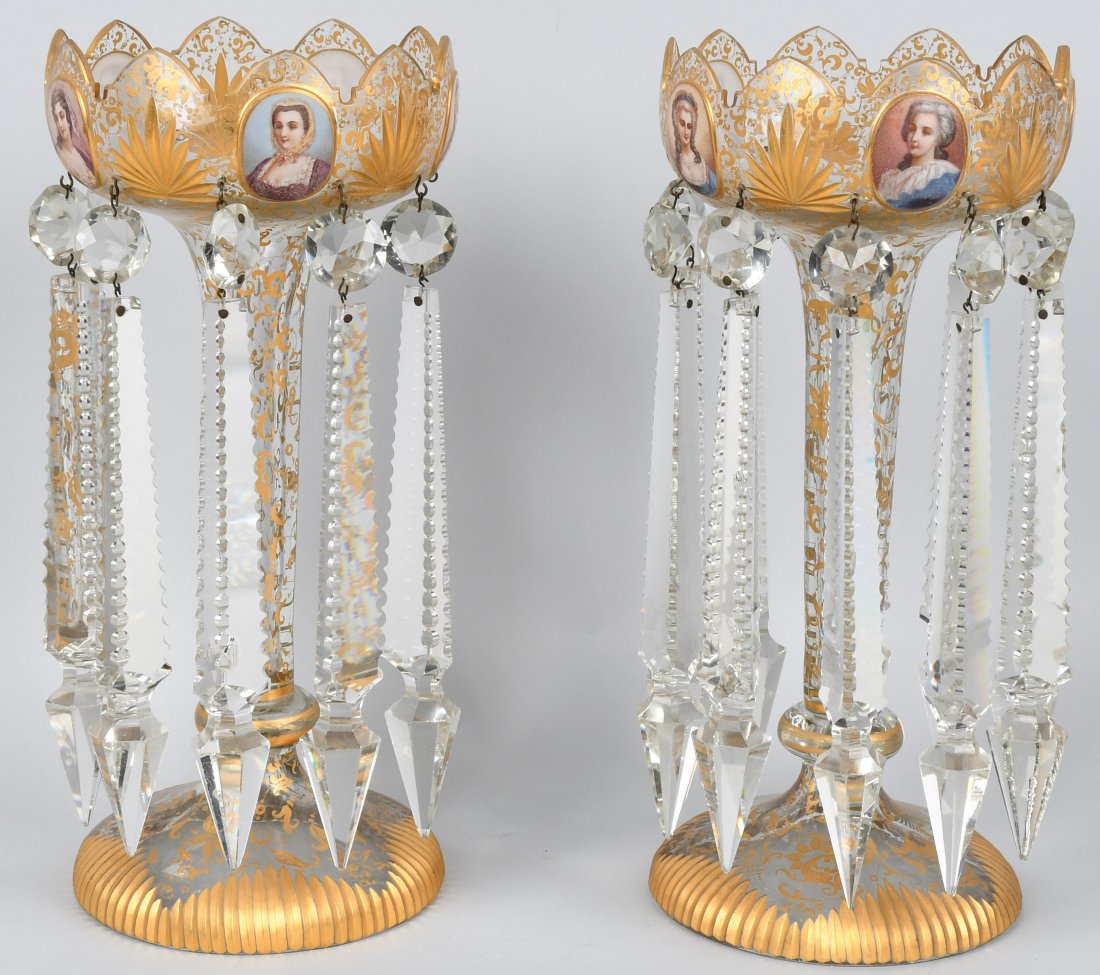 PAIR GILDED & CUT MANTEL LUSTERS w/ PORTRAITS (1 of 8)