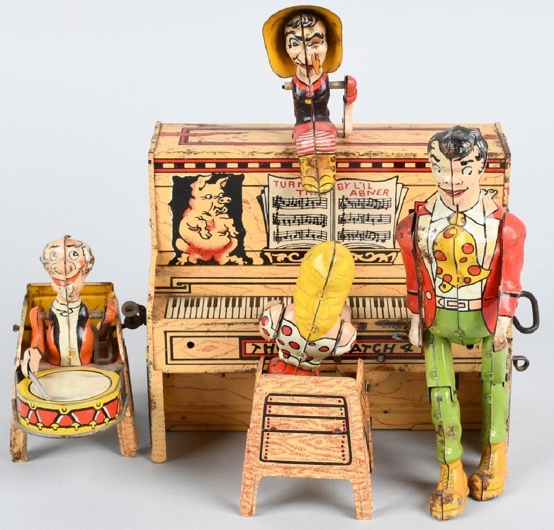 UNIQUE ART Tin Windup LIL ABNER BAND: All original and working. Grandma missing one arm and Grandpa missing 1 drum stick. 10" Very Good