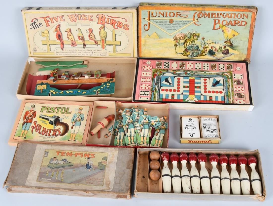 5- EARLY GAMES w/ BOXES: Includes Touring Car Card Game, Parker Brothers Pistol Soldiers, Ten Pins, The Five Wise Birds, and Junior Combination Board. All look to be mostly complete. Some wear and loss to boxes. Largest 17" V