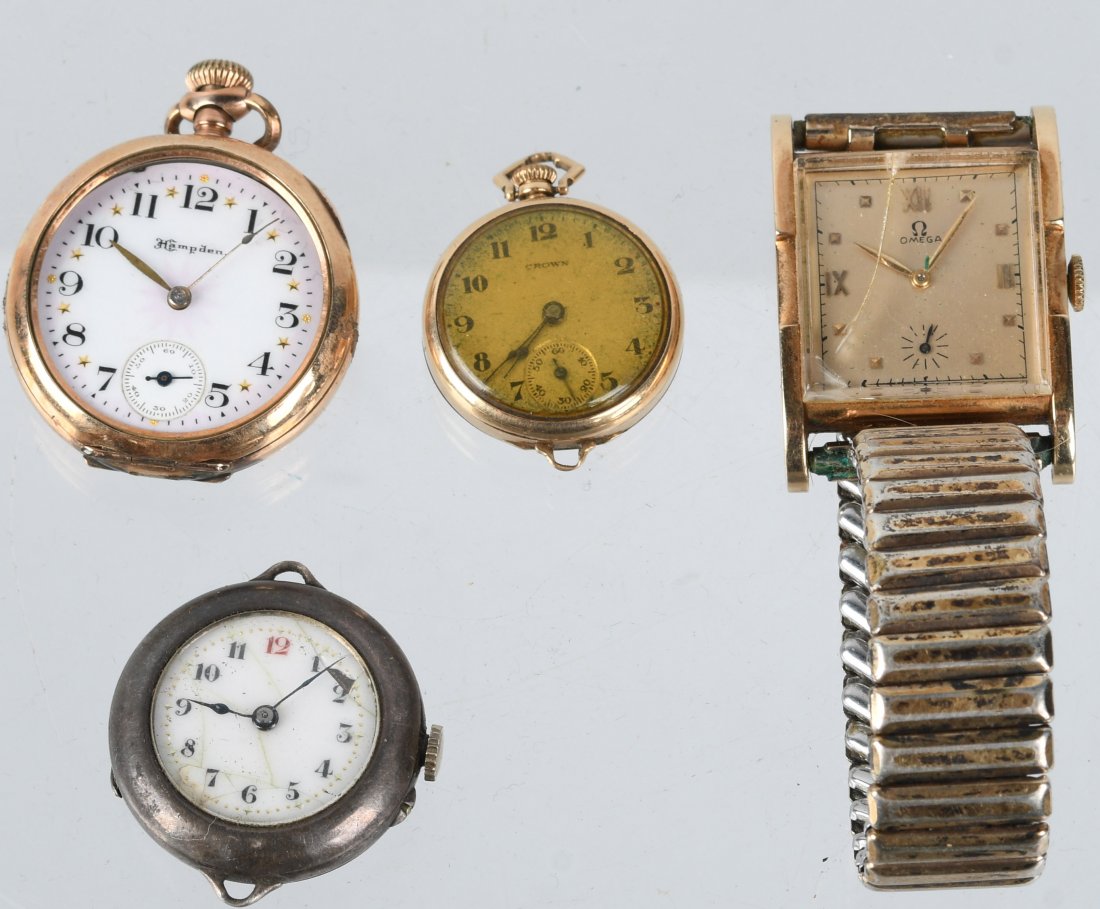 GOLD & SILVER WATCH LOT, 14K and MORE: Lot includes 14k gold Omega mans watch, a 14K gold Crown watch, a gold plate Hamden watch, and a sterling silver watch. Good for parts or restoration. Good