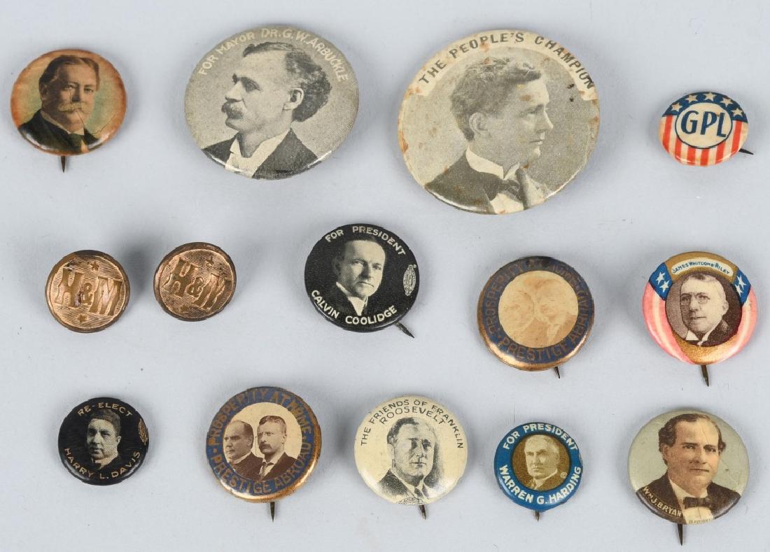 14- EARLY POLITICAL BUTTONS: Includes Franklin Roosevelt, Warren G Harding, William Bryan, James Riley, Calvin Coolidge, GW Arbuckle, Harry Davis, GPL, H&M, and More. Largest 1 1/2" Excellent