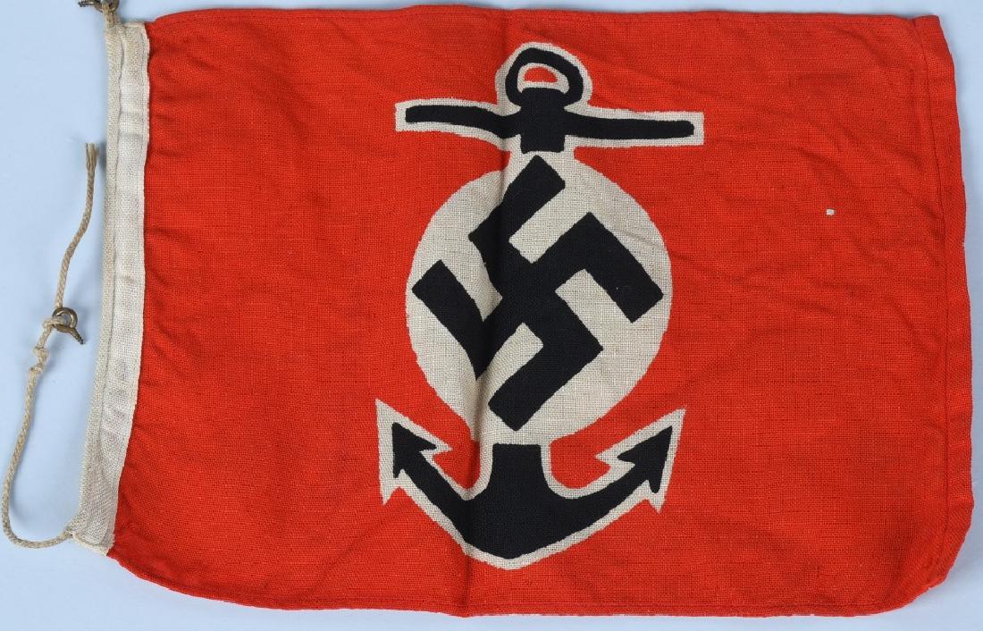 WWII NAZI GERMAN KRIEGSMARINE WATER SPORTS FLAG: Smaller sized approximately 8" x 12" long, dual sided printed wool construction Water Sports Vessel flag features a red base field with a central white circular disk with a black canted swastika super