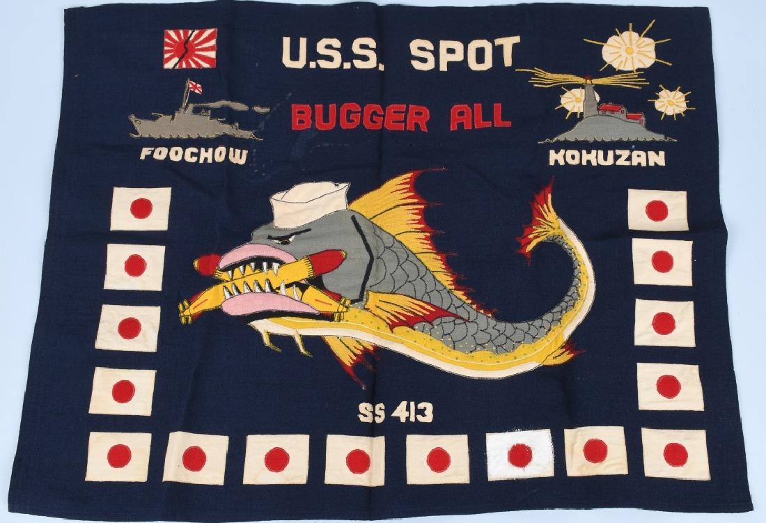 WWII US SUBMARINE KILL FLAG, USS SPOT SS 413: Original World War II wool pennant, "Kill Flag" for the USS SPOT, SS 413. Has separately applied letters and 16 Japanese meatball flags. Also has separately applied WWII art - a fish wearing sailor's 