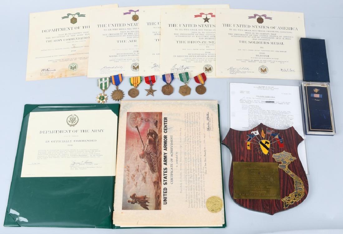 VIETNAM US SOLDIER'S MEDAL GROUPING, 1ST AIR CAV: Medal and document grouping to a Major who was attached to the 1st Air Cavalry in Vietnam; includes his Soldier's Medal for Heroism and Bronze Star Medal for Heroic or Meritorious Achievement in groun