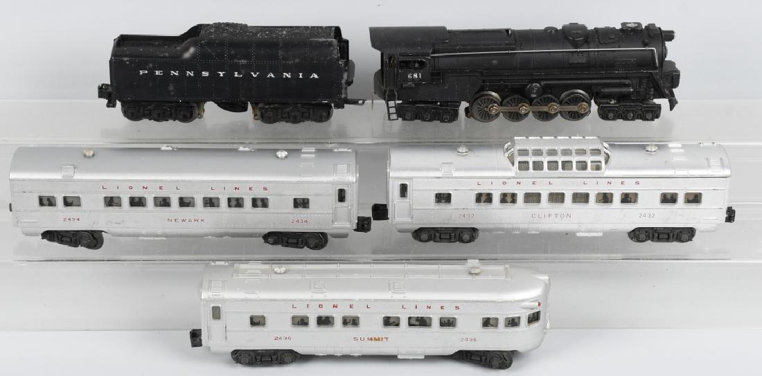 LIONEL 681 ENGINE 2671 TENDER w/ 3 PASSENGER CARS: Lionel 681 Engine is in excellent condition with light wear. 2671 Tender is in good condition with 1 step broken off. 2432 Clifton passenger car, 2434 Newark car and 2436 Summit. The passenger cars ar
