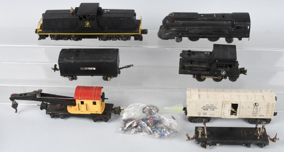 LIONEL BOX LOT OF MISC ENGINES: Lionel box lot of misc engines 1688 engine & whistle tender very good , 628 switcher very good, 41 switcher for parts or restoration, 3472 milk car for parts or restoration 2660 crane car very good, p