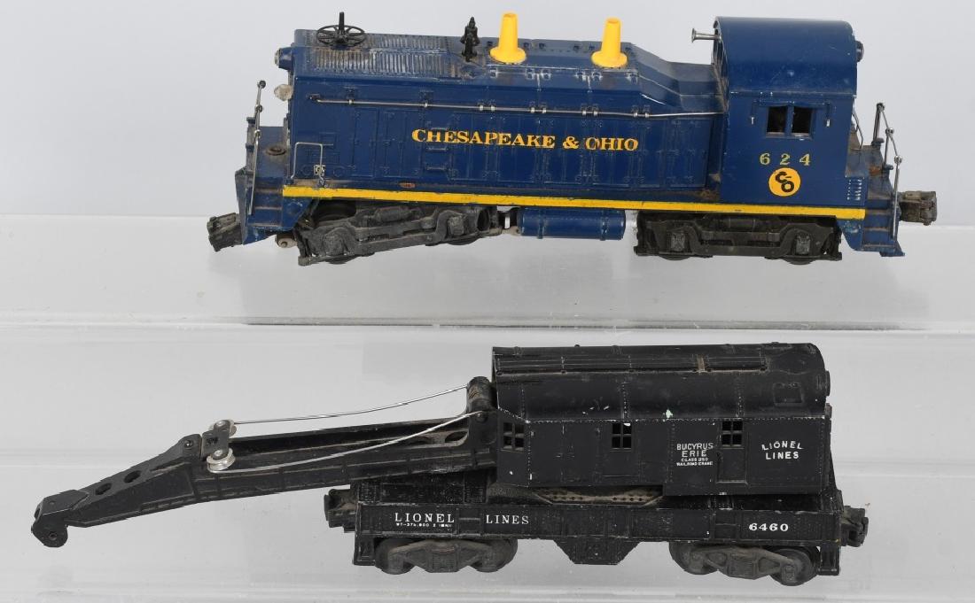 LIONEL No. 624 C&O LOCOMOTIVE & 6460 CRANE: Lionel no. 624 Chesapeake & Ohio diesel locomotive and no. 6460 crane car. Locomotive is about 11" an is untested. The front housing on the engine is loose. Crane car is about 12" and is missing hook.