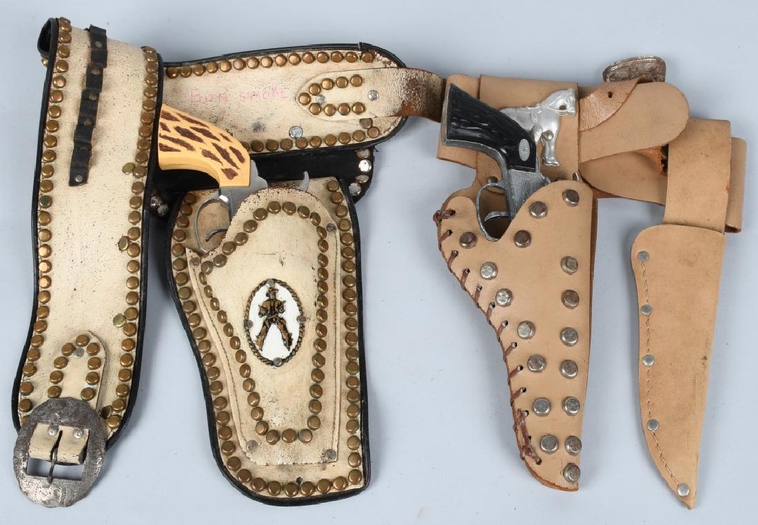 2- CAP GUN & HOLSTER SETS: Hubley Cap Gun with Leather Holster and Hubley Cap Gun with Holster. Both work. Excellent