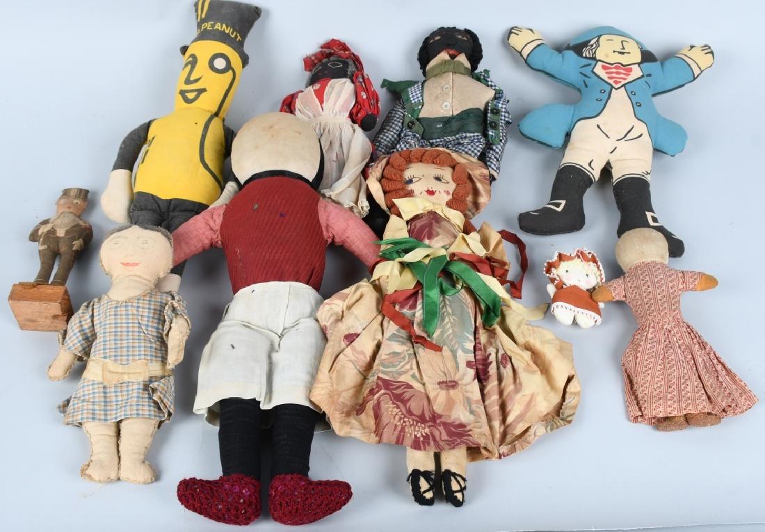 8-VINTAGE CLOTH DOLLS, BLACK AMERICANA & MORE: Lot includes early 12" Gollywog, which needs some stitch repair, a palmer Cox Brownie doll, a black lady doll, Mr. Peanut, 2 Amish dolls and more. Condition varies. Largest is 19" Good-Very Good