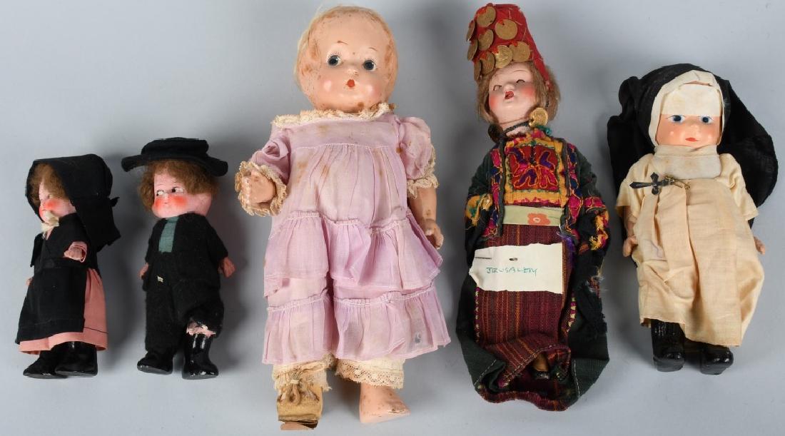 5-VINTAGE COMPOSITION DOLLS: Lot includes 8" Nun doll, a 10" doll from Jerusalem, a 11" composition doll, and a pair of Amish type composition dolls. There is general wear to the dolls, and the Amish man has a broken leg. Good-Ve