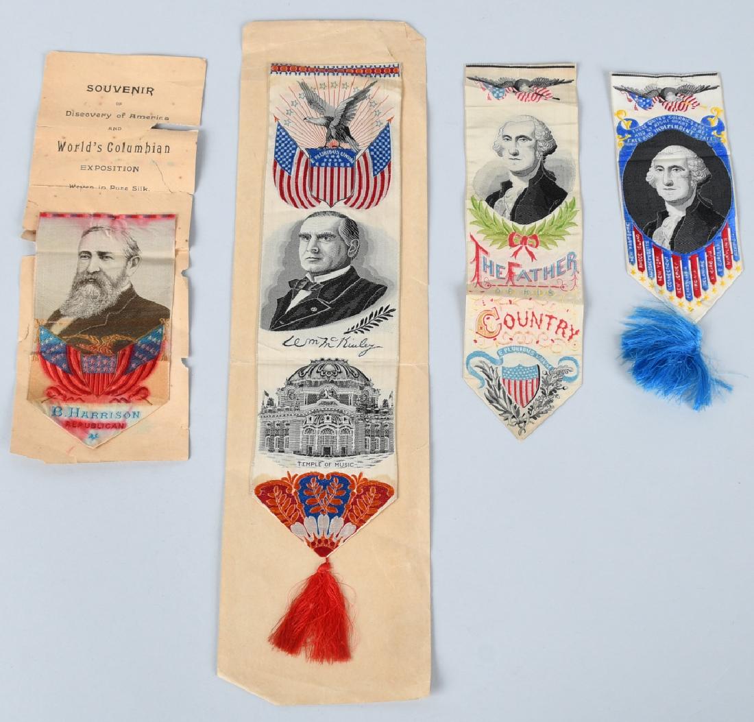 4- COLUMBIAN EXPO US PRESIDENT SILK RIBBONS: Lot of 4 Columbian Exposition Woven Silk Ribbons featuring US Presidents. Includes 2- George Washington's, Benjamin Harrison, and William McKinley. Largest 11" Excellent