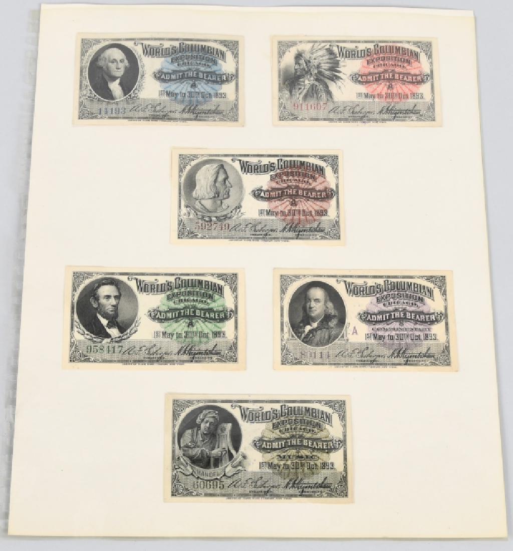 SET OF 6 1893 COLUMBIAN EXPOSITION TICKETS: Complete set of 6 1893 Columbian Exposition "Admit The Bearer" Tickets. All in wonderful condition. Perfect for grading.