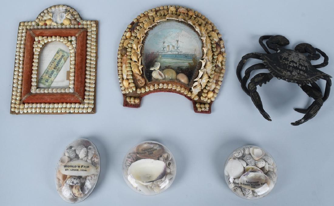 1904 ST LOUIS WORLD FAIR SHELL SOUVENIRS: 1904 Saint Louis Worlds Fair Souvenirs. Includes Shell Picture Frame, Shell Paper Weight, and Crab Ink Well. Very Good-Excellent