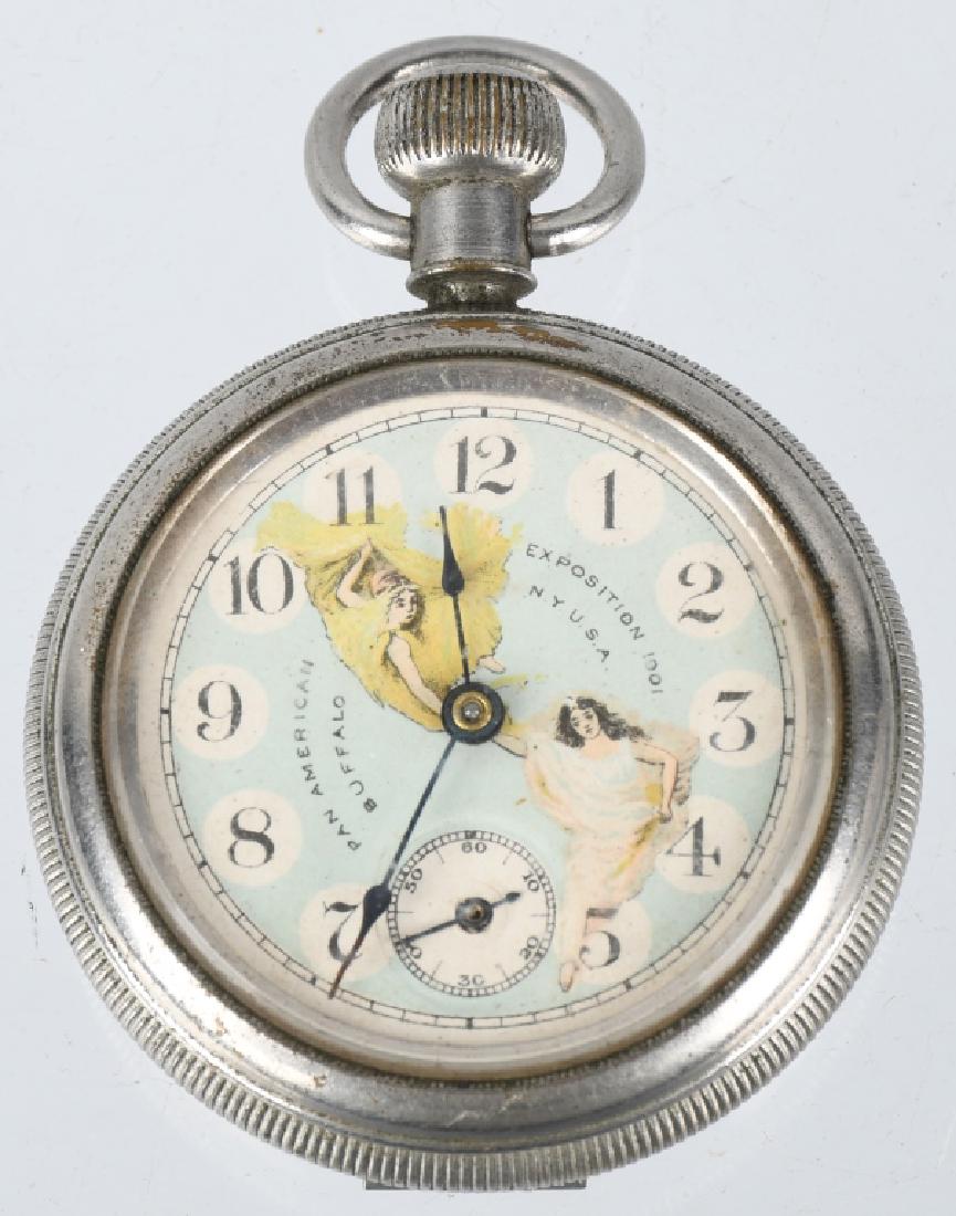 1901 BUFFALO PAN AMERICAN EXPO POCKET WATCH: 1901 Buffalo Pan American Exposition Pocket Watch. Has scenic face. Worked when tested. About 52mm, Very Good-Excellent
