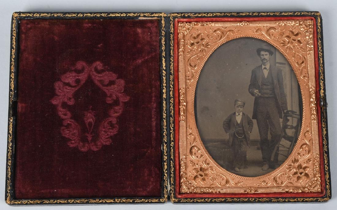 LITTLE PERSON & TALL MAN 1/4 PLATE TIN TYPE: Excellent Little Person with Tall Man Freak Show 1/4 Plate Tin Type in original Case. Very clear image. Very fancy case with mother of pearl inserts. Excellent