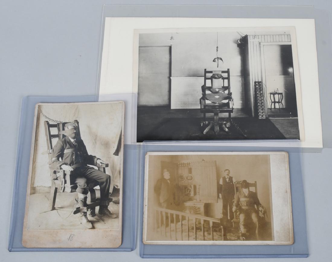 2- ELECTRIC CHAIR CABINET CARDS & PHOTO: Includes 2 original Electric Chair Cabinet Cards. Both with men in the chairs. One identified as Auburn State Prison. Other photo is of the Worlds First Electric Chair in Western Penitentiary Rockview