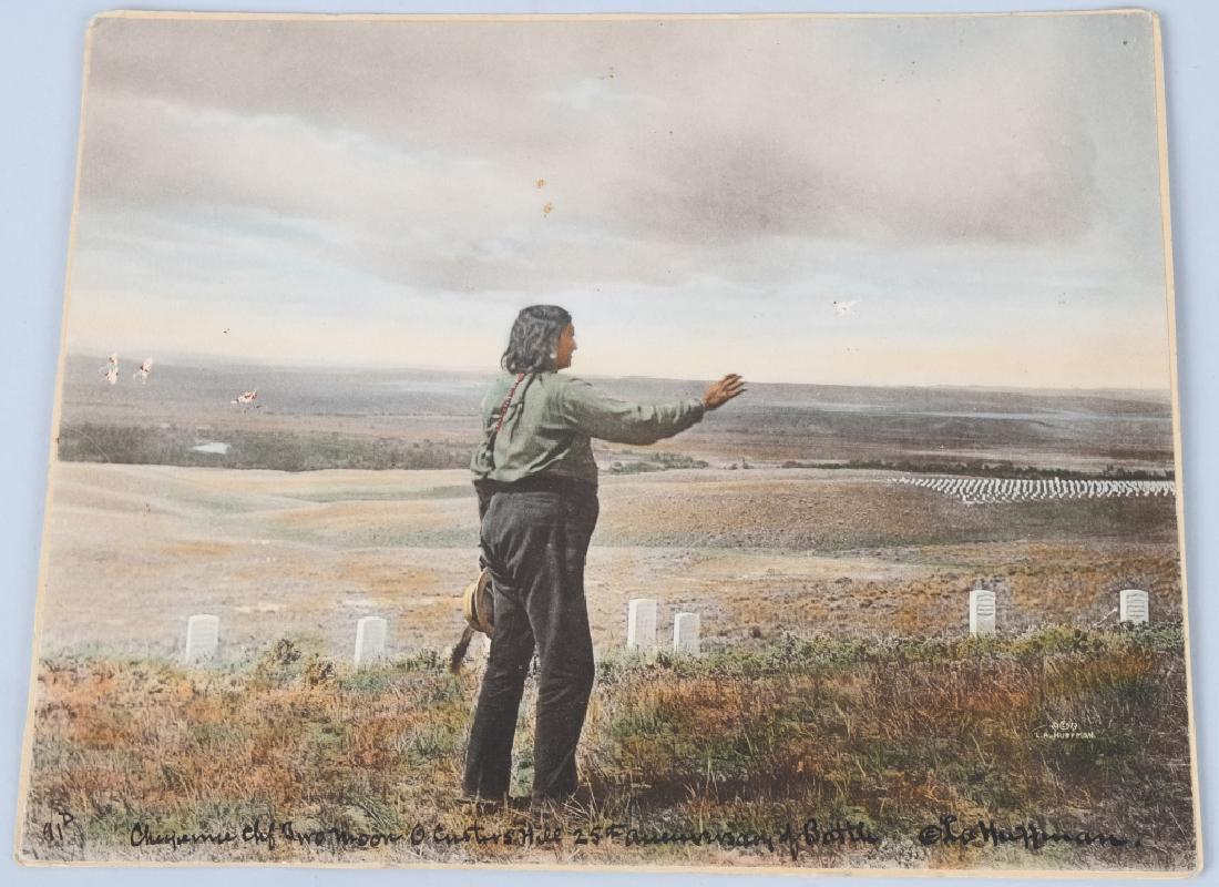 1913 CHIEF TWO MOONS "CUSTER HILL BATTLE" PRINT: Circa 1913 Cheyenne Chief Two Moons looking over Custers Hill. 25th Anniversary of the Battle. Image by L.A. Huffman and dated 1913. 10"x8" Excellent