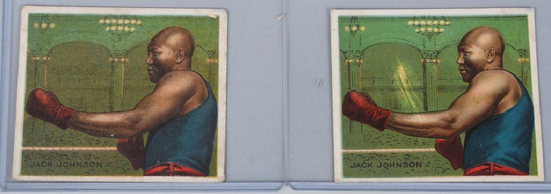 2- T218 JACK JOHNSON BOXING TOBACCO CARDS: Pair of very nice 1910 T218 Jack Johnson Boxing Tobacco Cards. Both cards have great colors and are Excellent