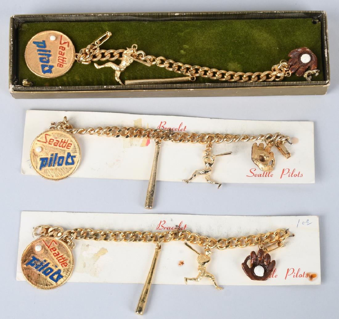 3- 1969 SEATTLE PILOTS BASEBALL CHARM BRACELETS: Lot of 3 New Old Stock Seattle Pilots Charm Bracelets. Still on cards or in box. Excellent