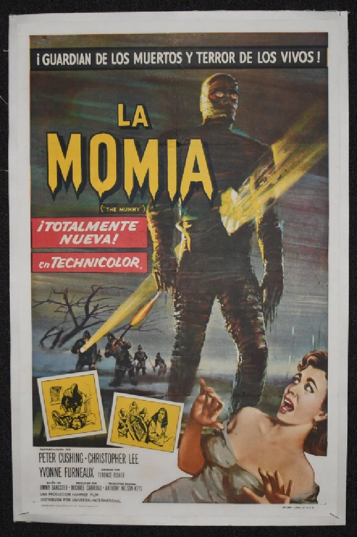 1959 THE MUMMY SPANISH MOVIE POSTER: LA MOMIA - 1959, Dir: TERENCE FISHER, Cast: PETER CUSHING, CHRISTOPHER LEE, YVONNE FURNEAUX,. One sheet poster 27" by 41". Great colors and details. Mounted on linen. Very Good