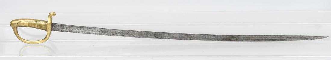 ITALIAN CAVALRY OFFICER's SWORD: Interesting sword with a etched blade marked Unione Militare Roma and a cast brass hilt which is similar to the French briquet style. Blade is made by F. Horster Solingen. Overall length is 39 1/2" wi