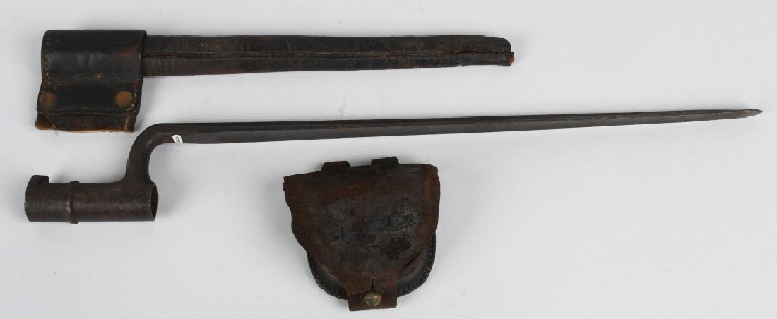CIVIL WAR BAYONET & PERCUSSION CAP BOX: Model 1855 bayonet has been shortened to 18" and is missing the locking ring. Includes partial leather scabbard. Also included is a percussion cap box, complete except for fleece and vent pick. Good