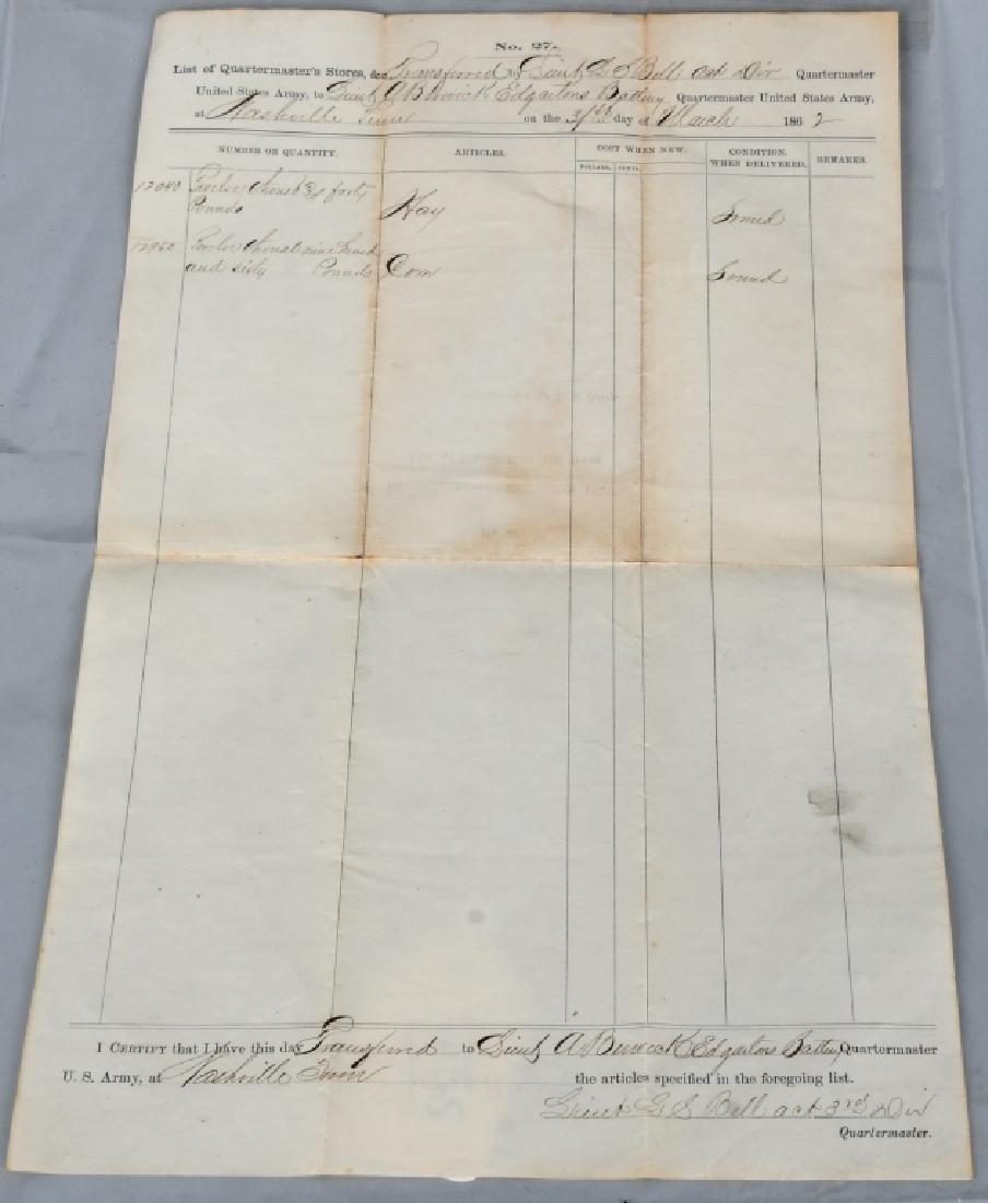 CIVIL WAR QUARTERMASTER REC'T. BERWICK / EDGARTON: Dated 1862, this US Army Quartermaster Receipt for 12,040 pounds of hay and 12,960 pounds of Corn were delivered at Nashville, Tennessee to "Lieuts A Berwick and Edgartons Battery" -- Lieutenant (late