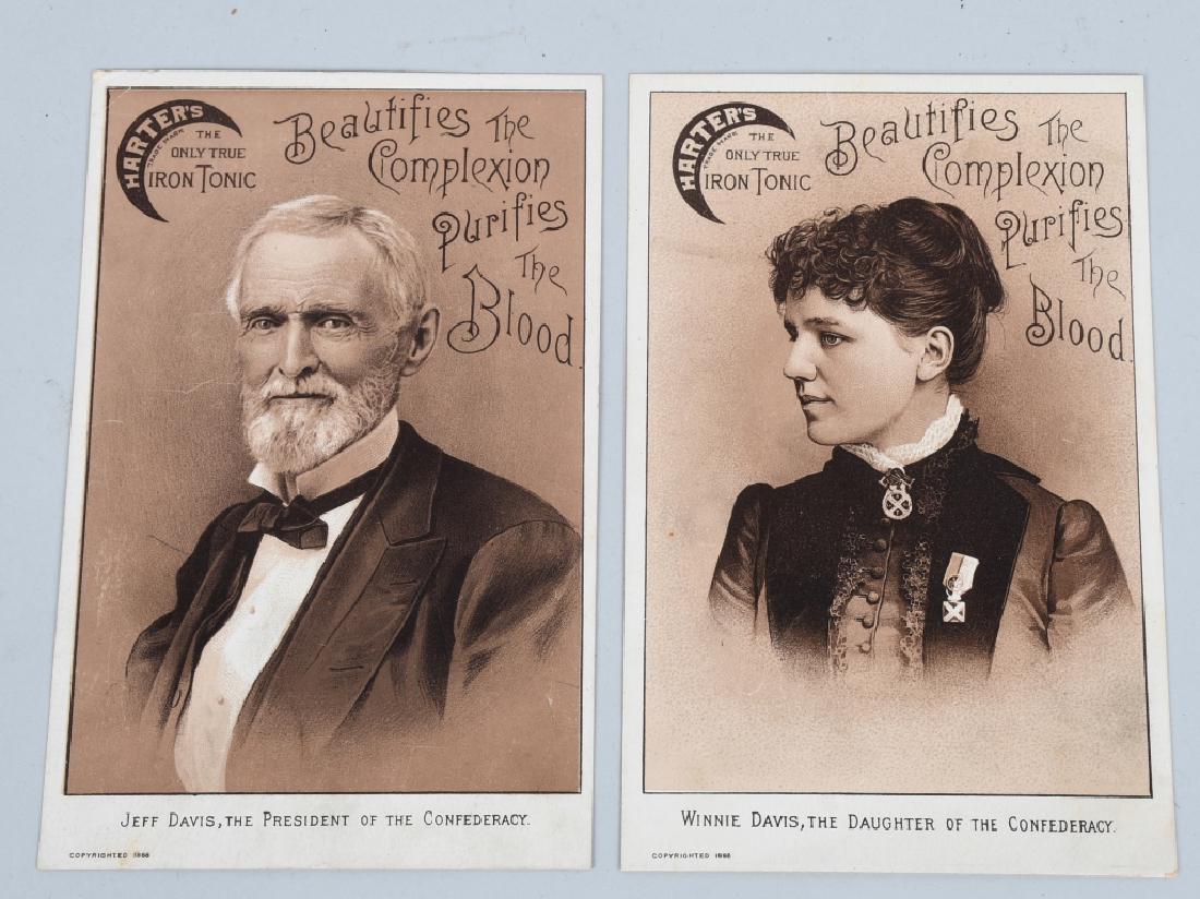 JEFFERSON WINNIE DAVIS AD FOR HARTER'S IRON TONIC: Two late 19th Century advertising cards, approximately 4" x 6.5" one with Jeff Davis, President of the Confederacy, and one with Winnie Davis, his daughter -- Winnie Davis is wearing a veterans' badge