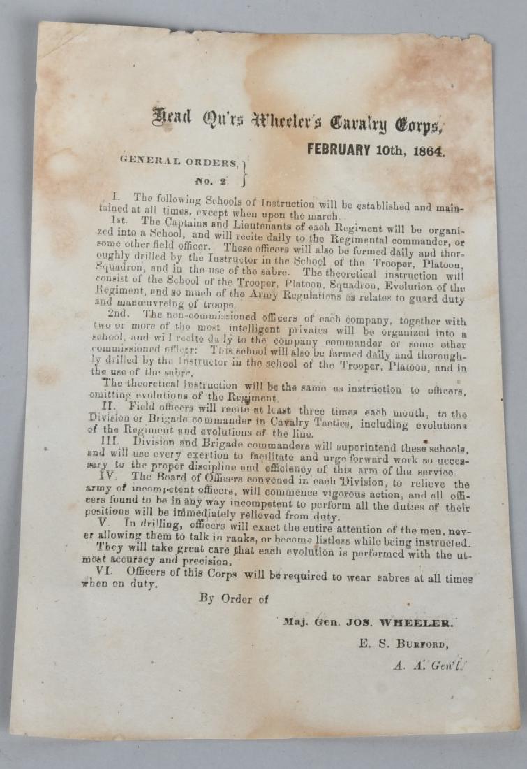 CIVIL WAR CONFEDERATE CAVALRY FIELD ORDER CAVALRY: Field press printed General Orders No. 2, issued February 10th 1864 by Confederate Major General Joseph Wheeler, commander of the Cavalry for the Armies of Tennessee and Mississippi and was considered