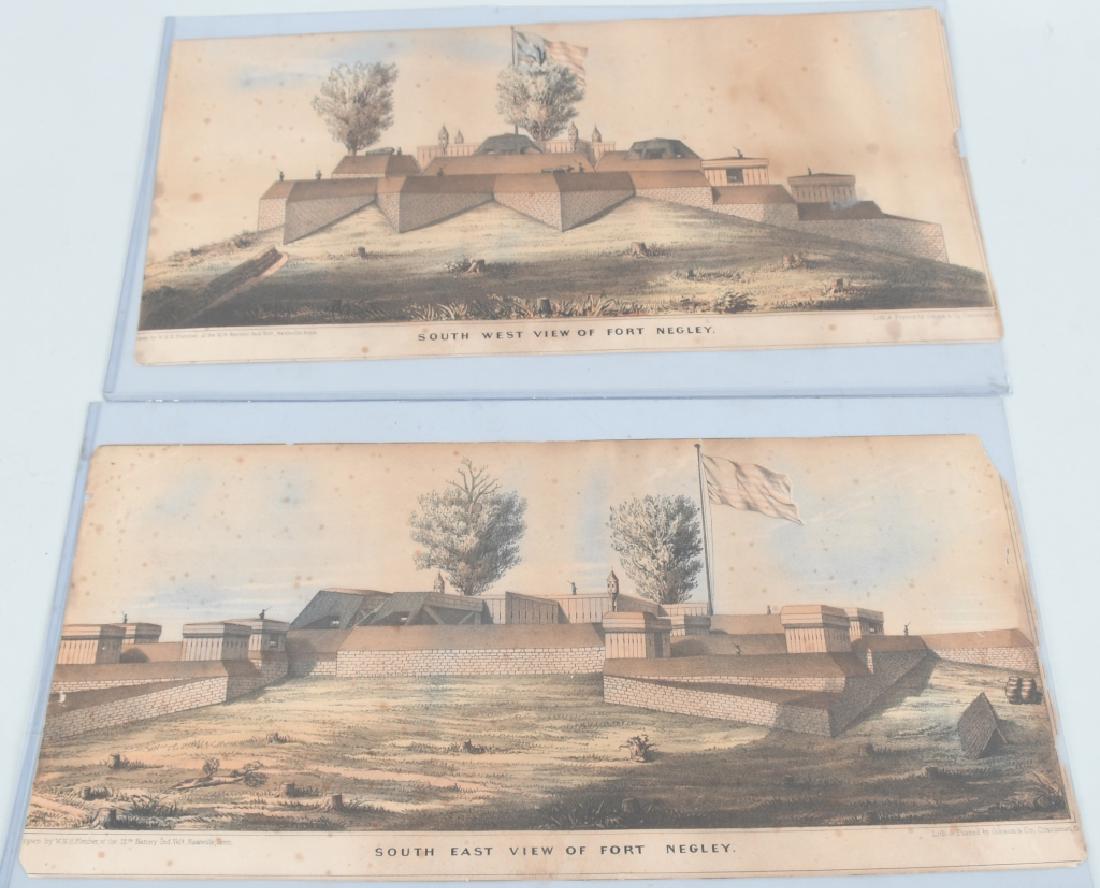 CIVIL WAR FT NEGLEY GIBSON LITHOGRAPHS 1863: Two lithographs, both approximately 9" x 18" marked "Drawn by WH. H. Fletcher of the 12th Battery Ind. Vols. Nashville, Ten." "Litho & PRINTED BY GIBSON & CO. Cincinnati, Ohio" South West view of Fort