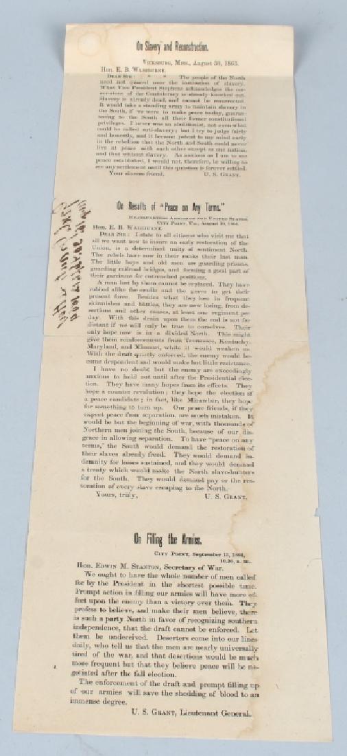 US GRANT POLITICAL ELECTION POLITICAL BROADSIDE: 18” x 6”, includes three printed letters sent by General U.S. Grant, two to Hon. E.B. Washburne and one to Hon. Edwin B. Stanton. In order from top to bottom, the letters are titled: “On Slavery