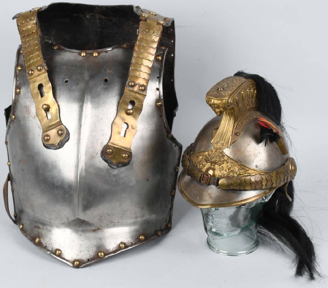 19TH CENTURY FRENCH CUIRASSIER ARMOR & HELMET: Breastplate has armor marks "3" on left side, and "W" on shoulder. Ca. 2nd Empire era. Scaled straps. Leather belt present, intact, and in excellent condition. Helmet has French bursting bomb insignia
