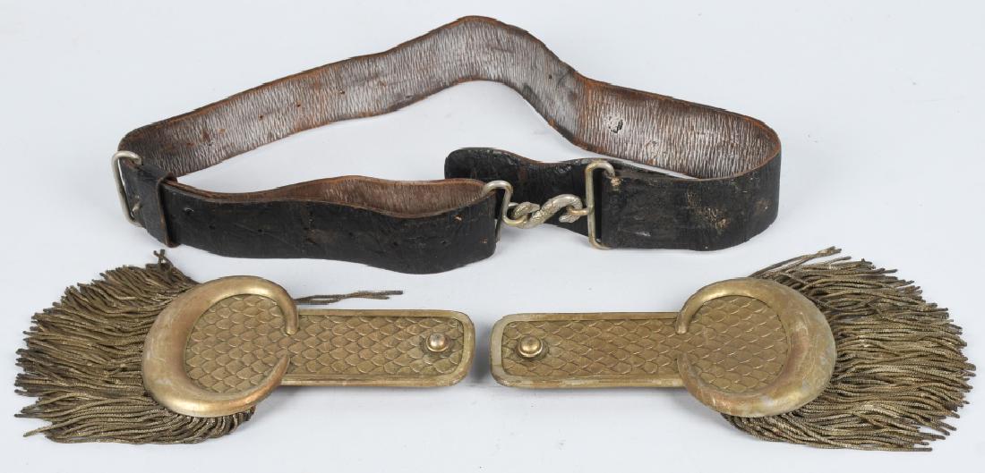 19TH CENTURY BRITISH NCO EPAULETTES SNAKE BELT: Pair of scaled brass epaulettes with silver bullion braid fringe and domed buttons, unsigned with padded cotton backing, and a black leather belt with nickel "S" buckle in the shape of a snake and hoo