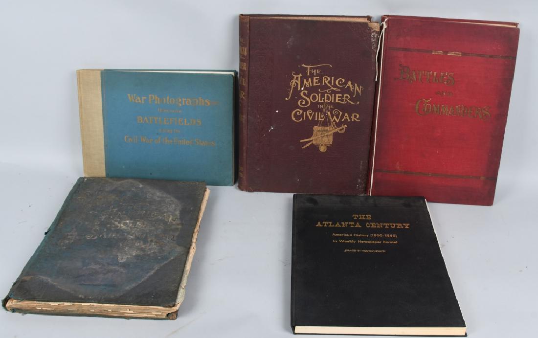 CIVIL WAR PICTORIAL HISTORY BOOKS: 5 Large pictorial history books, including "The American Soldier in the Civil War" published by Frank Leslie, in 1895 and "The American Soldier and Sailor in War" published in 1898. Also includes "Bat