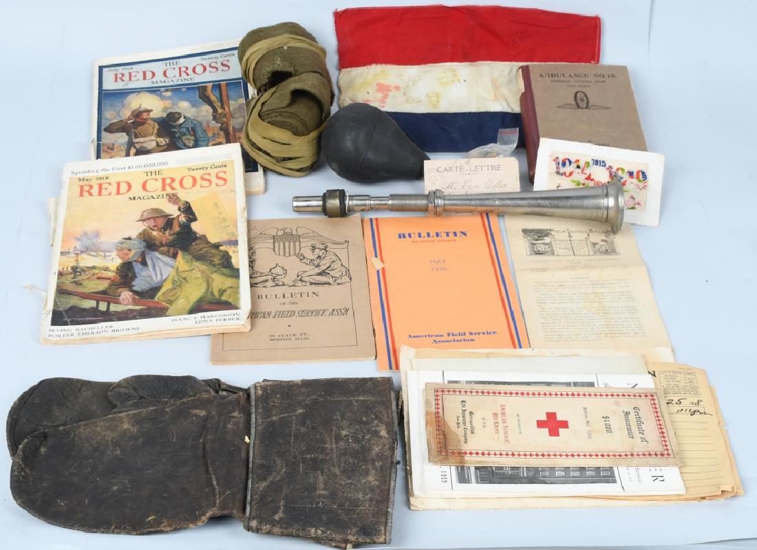 WWI US AMERICAN FIELD SERVICE AMBULANCE GROUPING: Grouping includes a book, titled "AMBULANCE No. 10" by Leslie Buswell, dated 1916; American Field Service newsletters from the 1950s (this was a publication for AFS veterans), the menu from an AFS reu