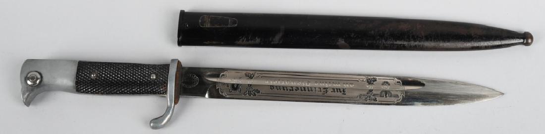 WWII NAZI GERMAN SINGLE ENGRAVED BAYONET HORSTER: Roughly 25cm long nickel/silver plated drop forged steel construction blade with deep fullers to each side and a top edge swedge to the forward tip. The blade is in overall good condition with light s