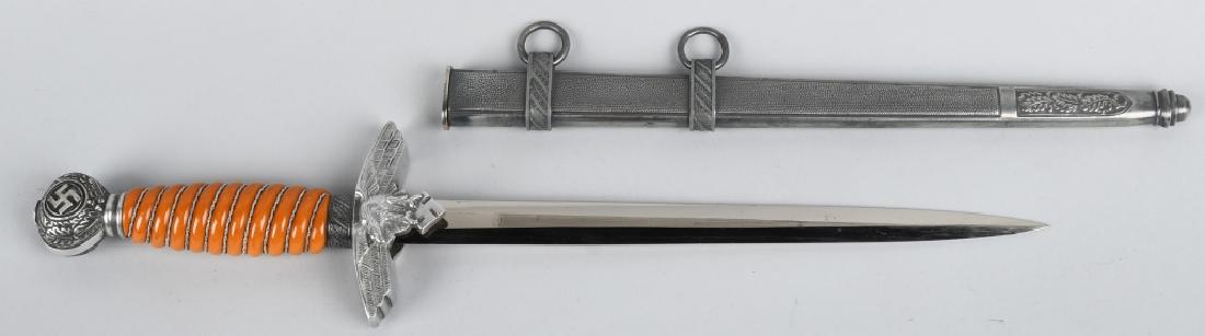 WWII NAZI GERMAN LUFTWAFFE OFICERS DAGGER: Roughly 29cm long bright nickel/silver plated double edged drop forged steel stiletto style blade with a flat central plane. Maker marked to "Paul Weyersberg" also having an issue Waffenamt eagle. The