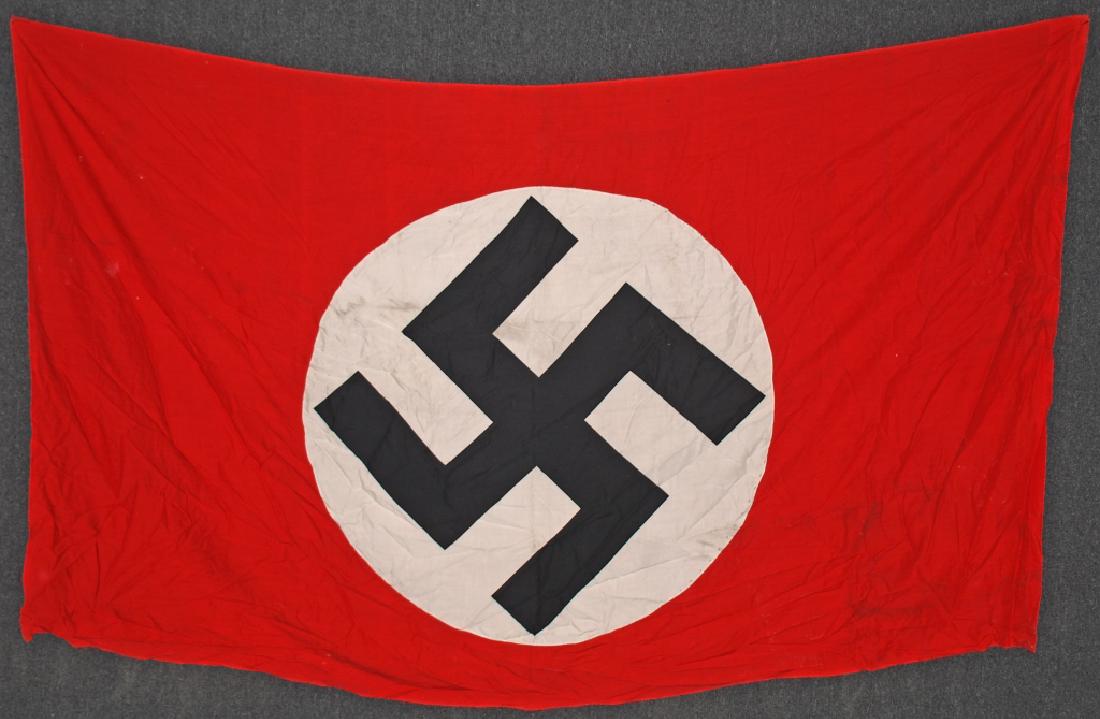 WWII NAZI GERMAN NSDAP NATIONAL WALL BANNER: Multi-piece, double sided, wool construction banner approximately 59 x 96 inches. To both its red fields are sewn white disks, with a printed mobile swastikas in black. Tunnel loop to one end. On one 