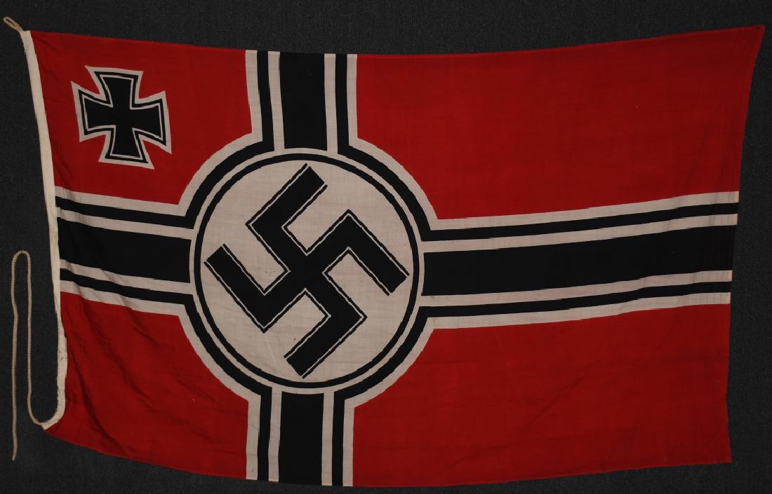 WWII NAZI GERMAN KRIEGSMARINE FLAG 1.5 X 2.5: Second pattern (Circa 1937/38-1945) single piece dual sided printed wool construction national war flag. The flag features a red base field with a central white/black/white/black bordered white disk w